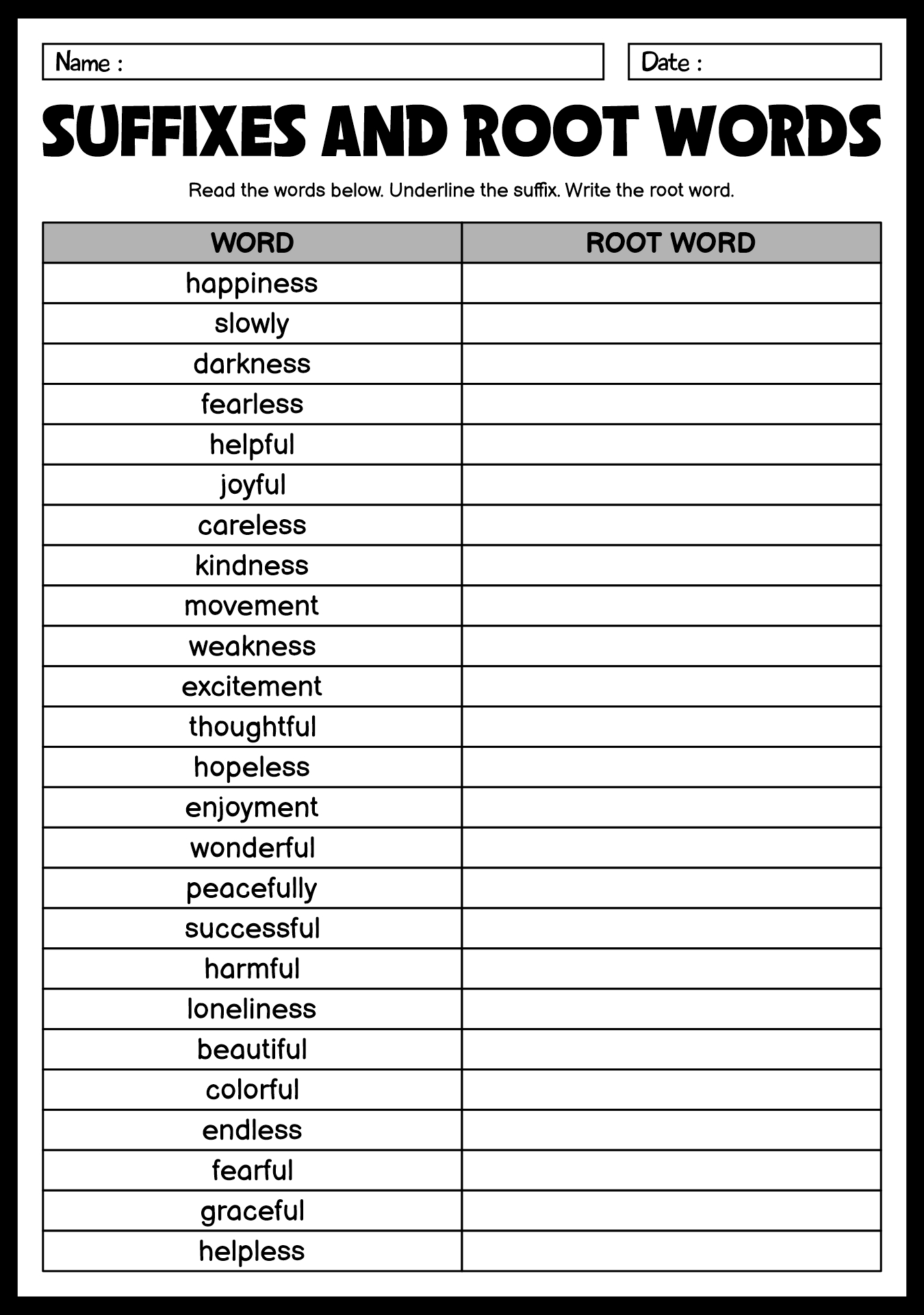 Printable Suffixes and Root Words Worksheets