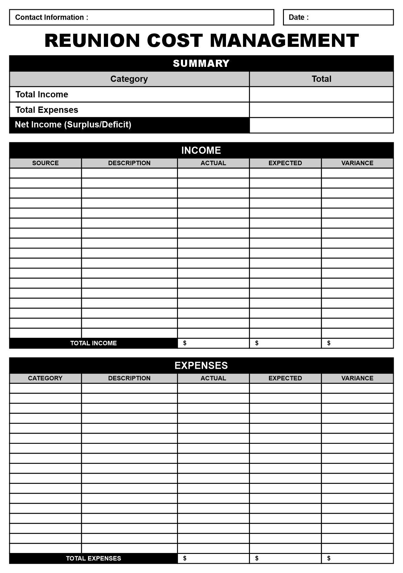 Reunion Cost Management Spreadsheet