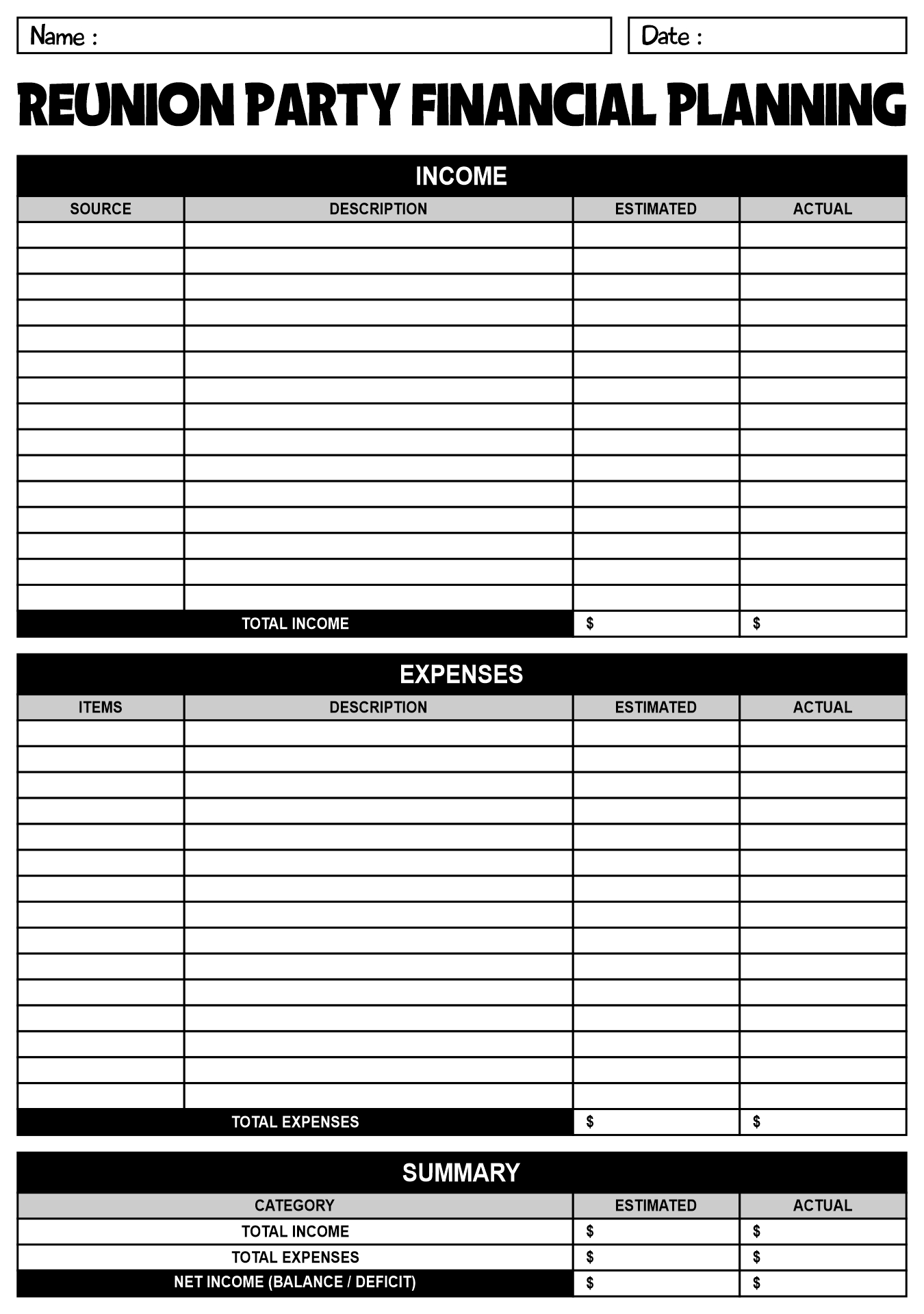 Reunion Party Financial Planning Spreadsheet