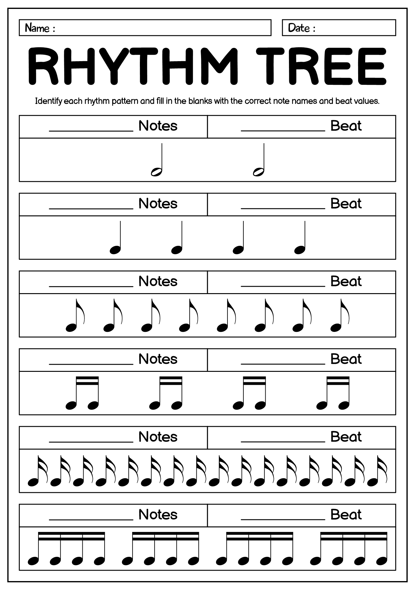 Rhythm Tree Music Notation Exercise Sheet