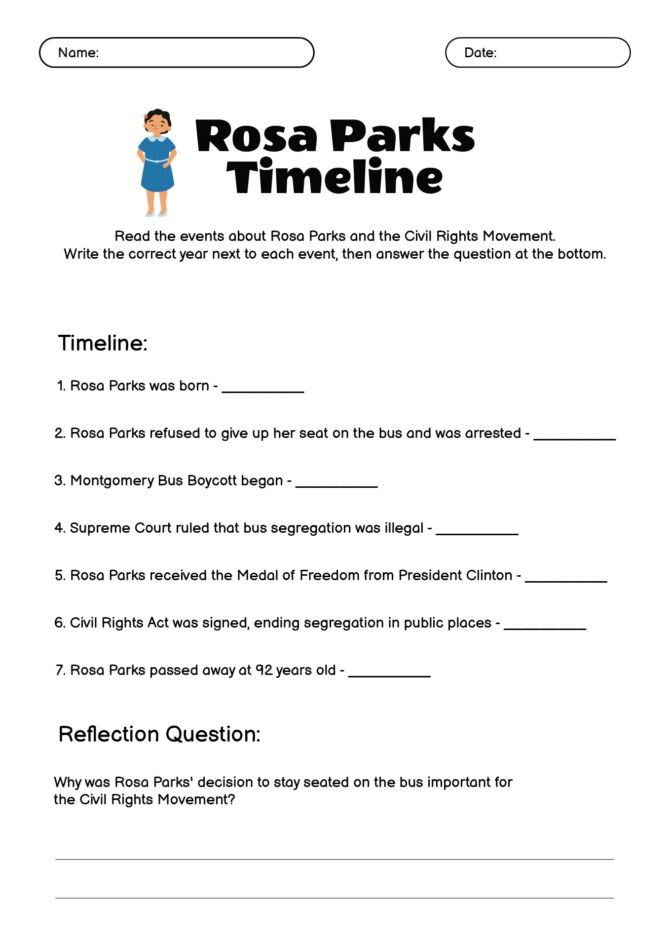 Rosa Parks Civil Rights Movement Timeline Activity