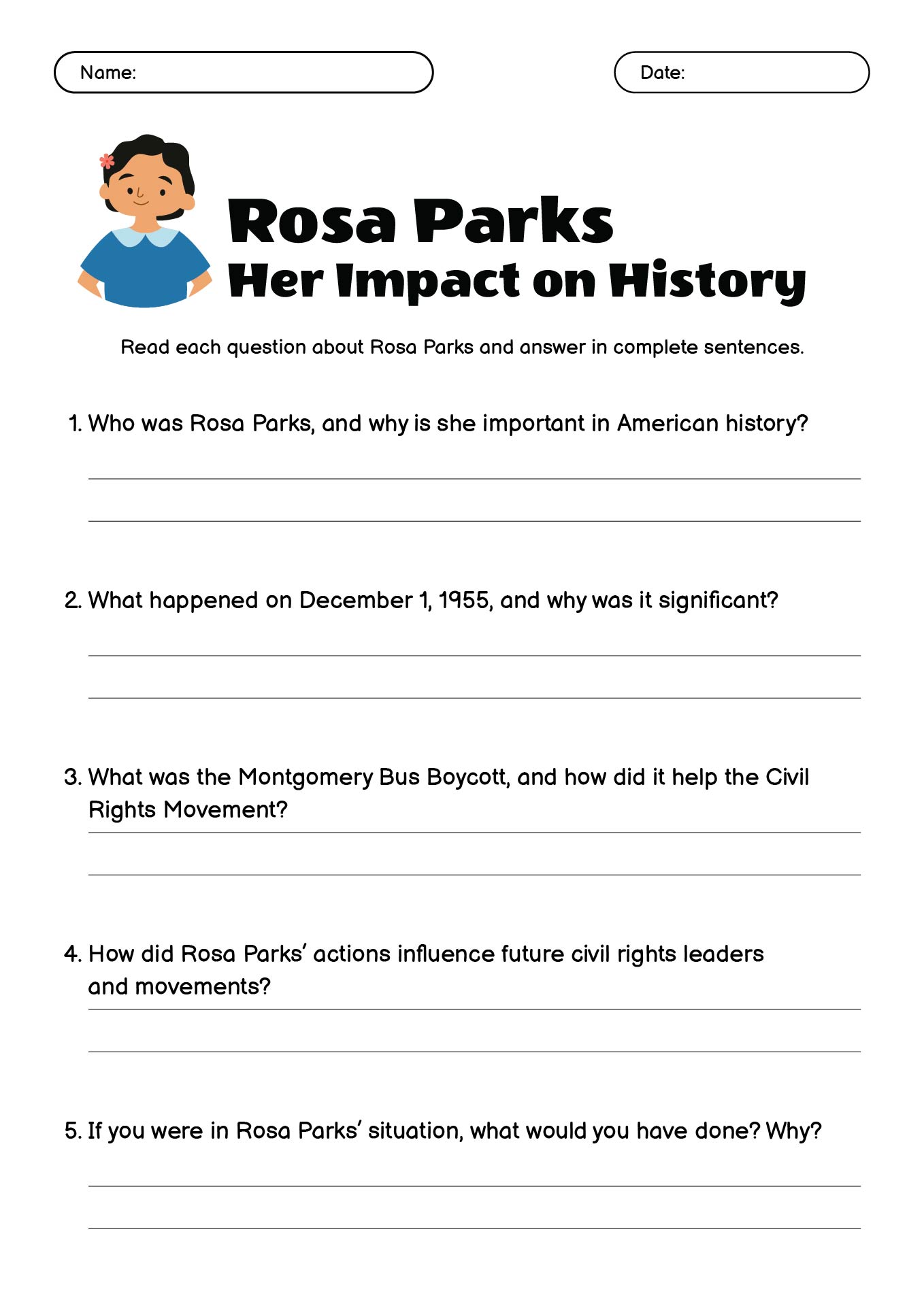 Rosa Parks Historical Events Timeline Worksheet