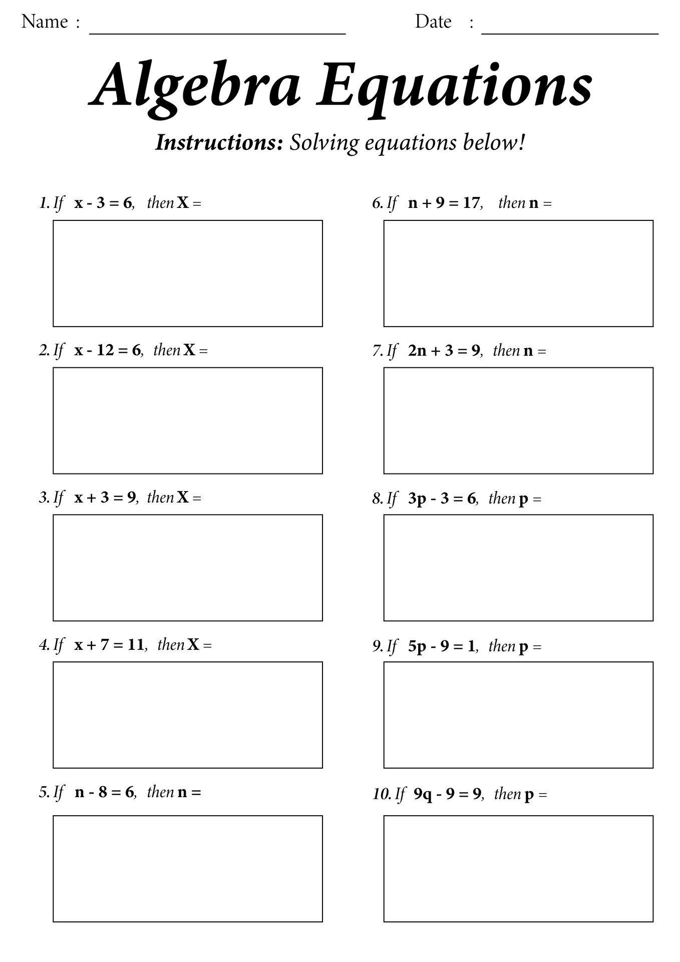 Seventh Grade Algebra Equations Activity Worksheets