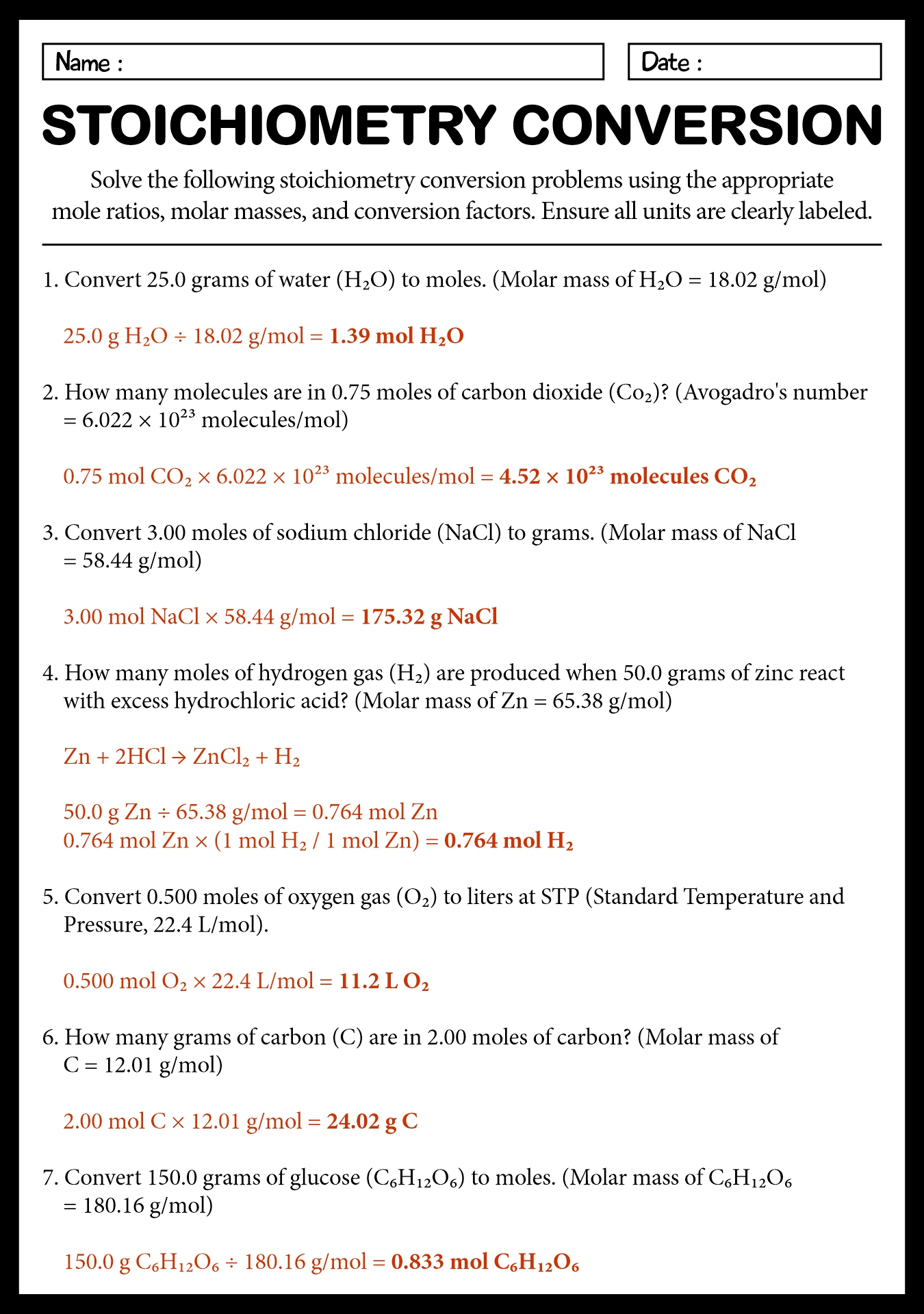 Stoichiometry Conversion Worksheet With Correct Answers