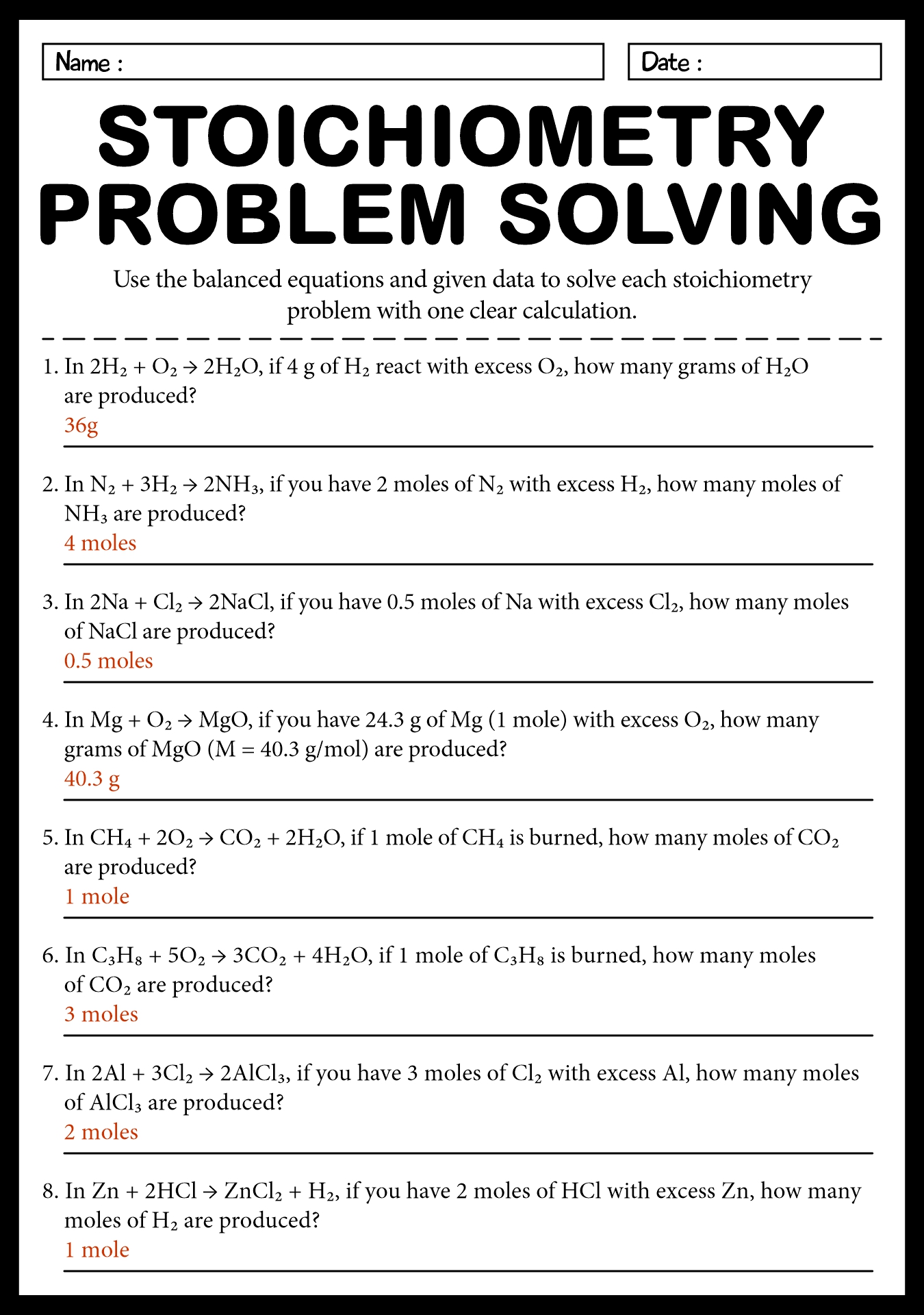 Stoichiometry Problem Solving Worksheet Answer Key