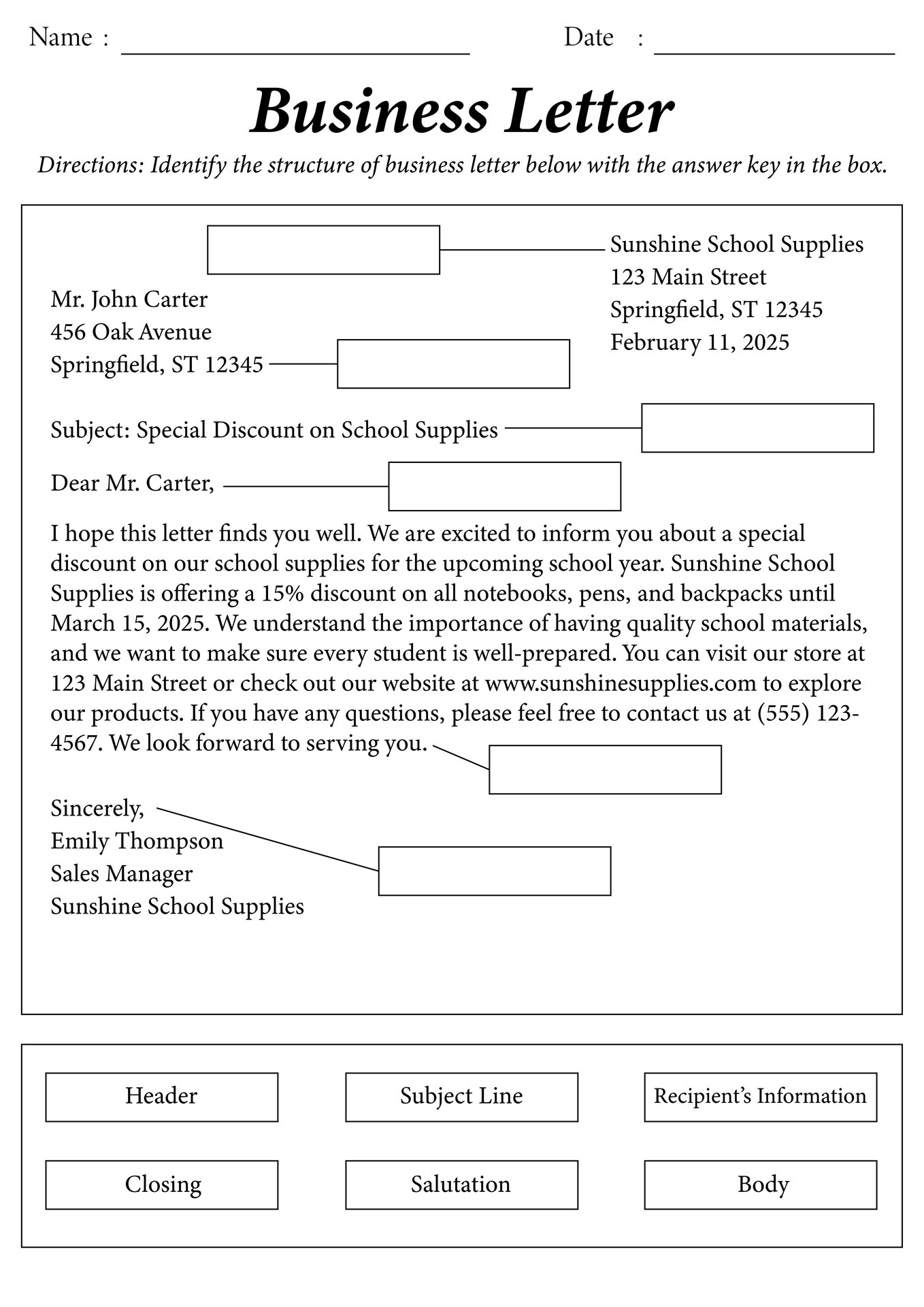 Structure of a Business Letter Practice Worksheet