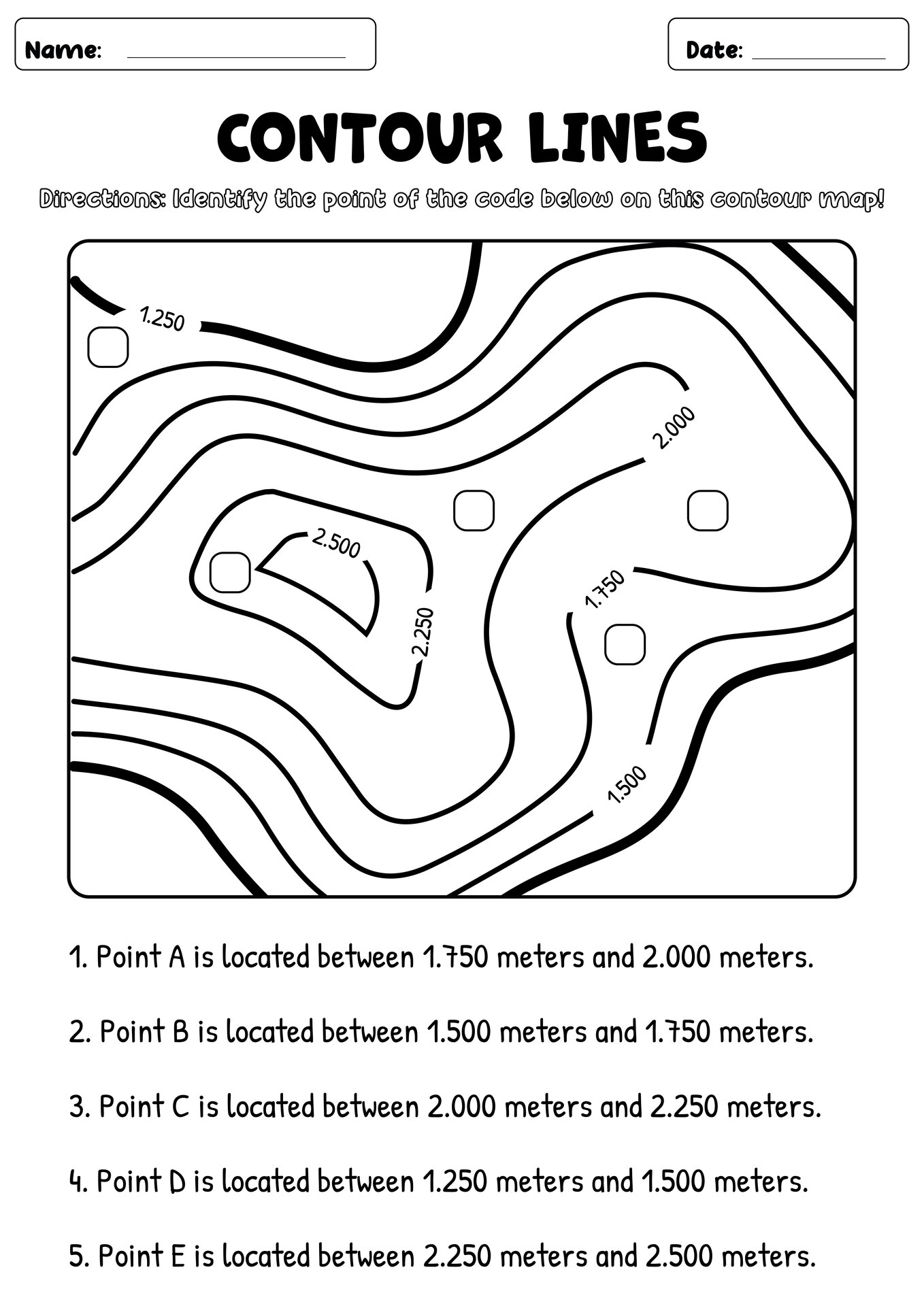 Student Activity Sheets for Contour Lines Topographic Mapping