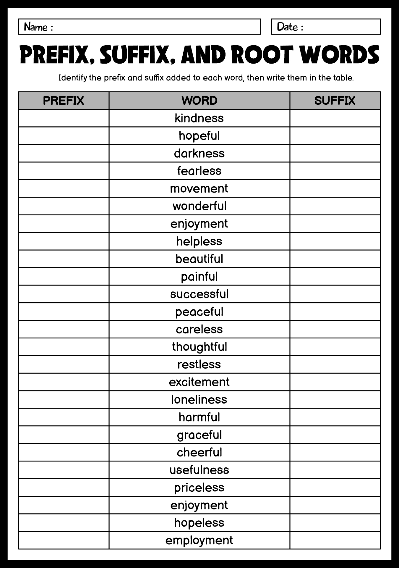 Suffixes and Basic Root Words Worksheets