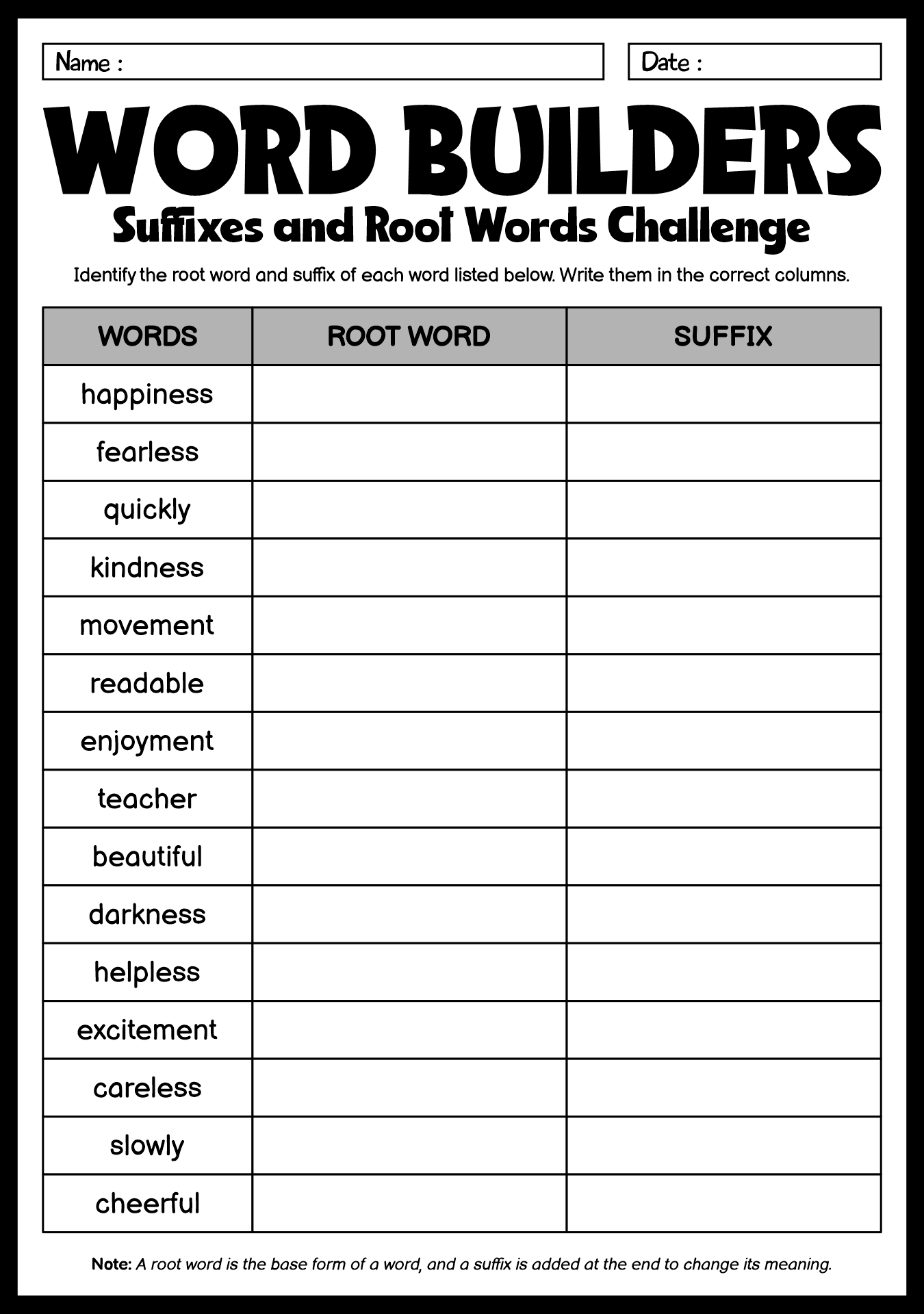 Suffixes and Root Words Exercise Worksheets