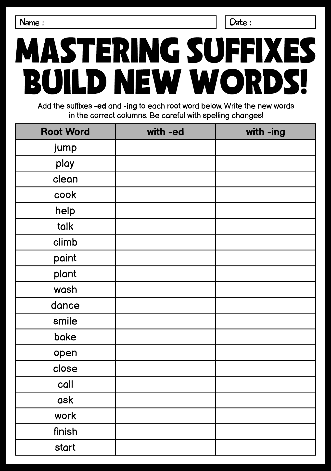 Suffixes and Root Words Homework Sheets