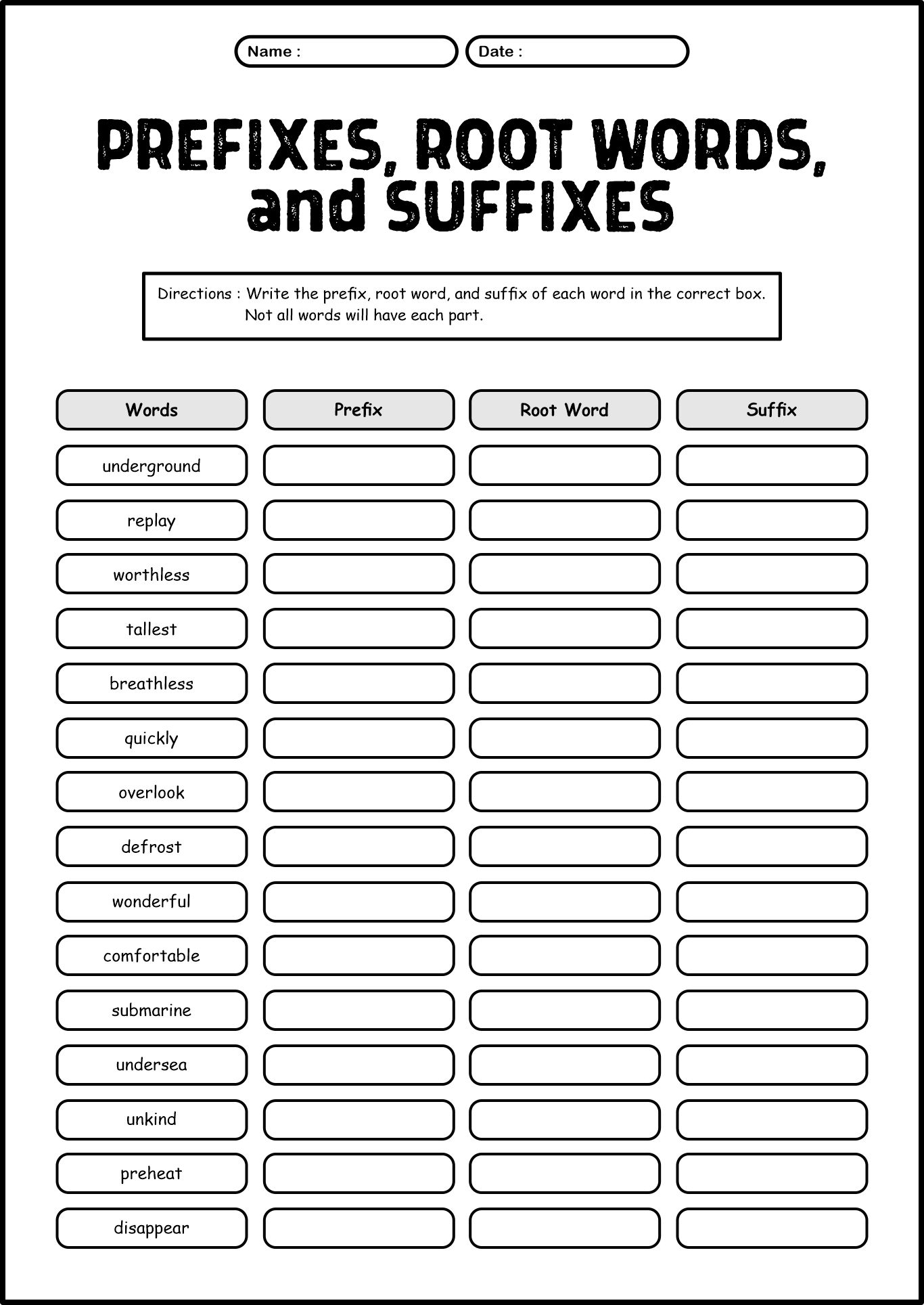 Suffixes and Root Words Practice Sheets