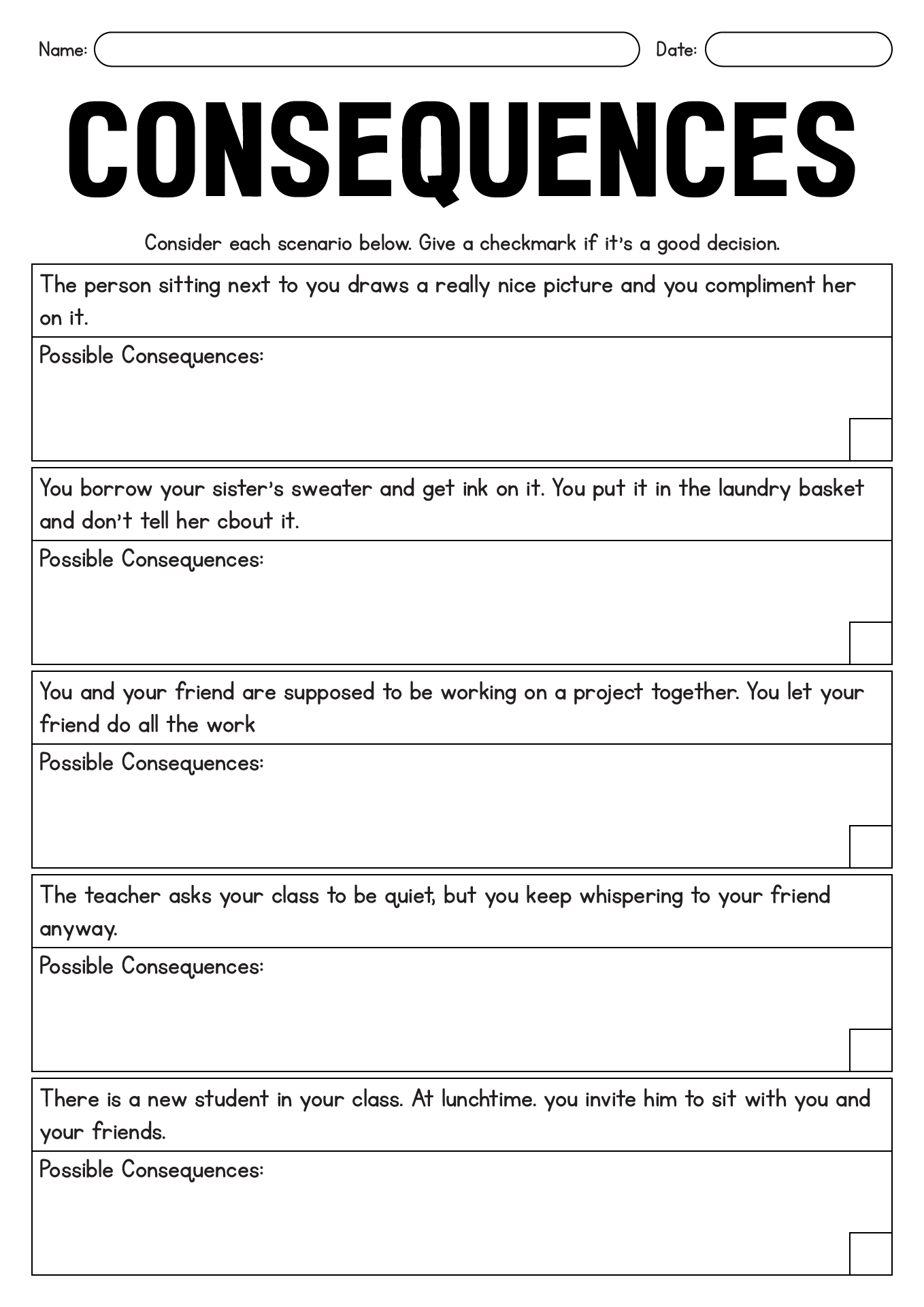 Teen Choices and Consequences Worksheet