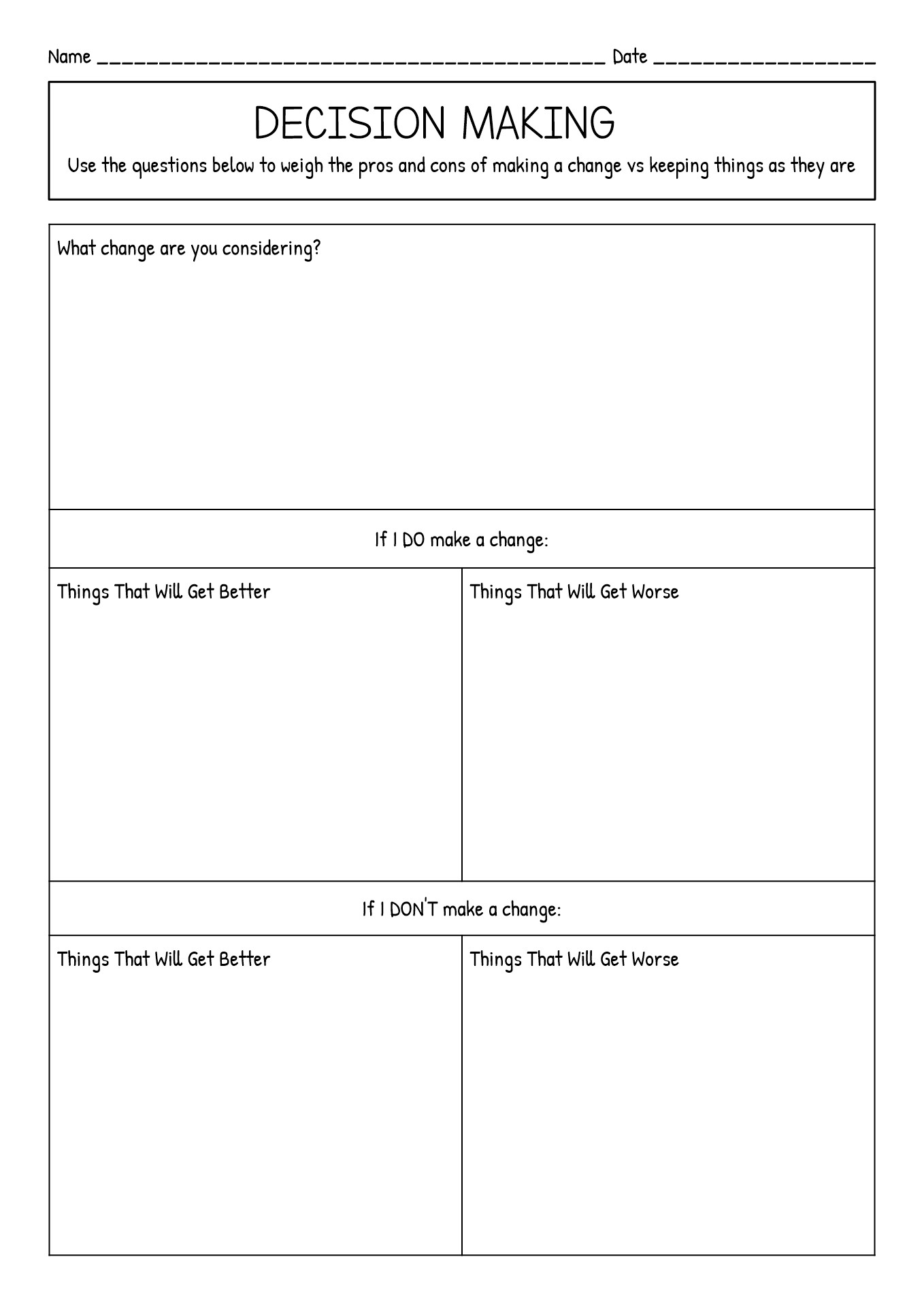 Teen Decision-Making Skills Worksheets