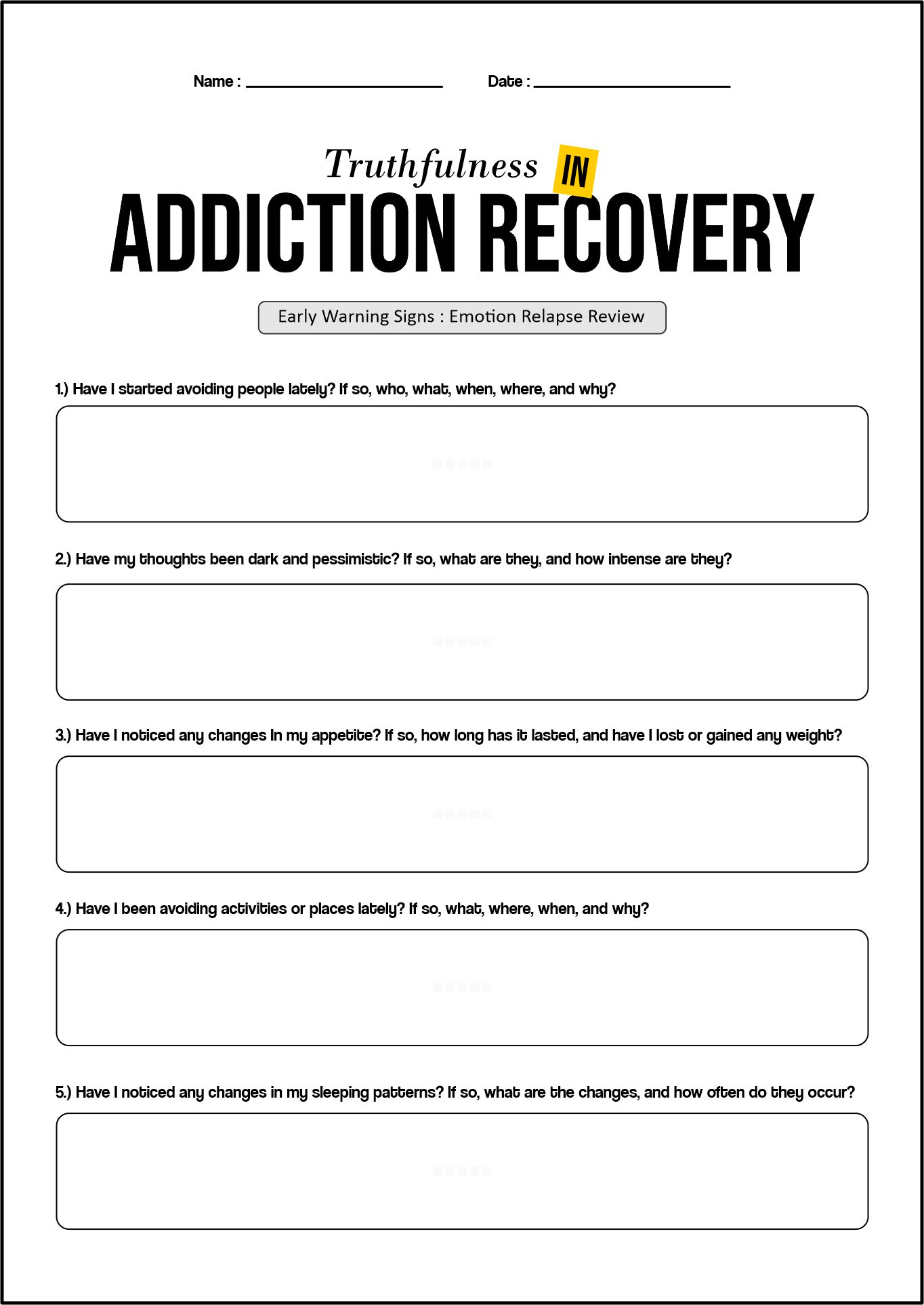 Truthfulness in Addiction Recovery Worksheet