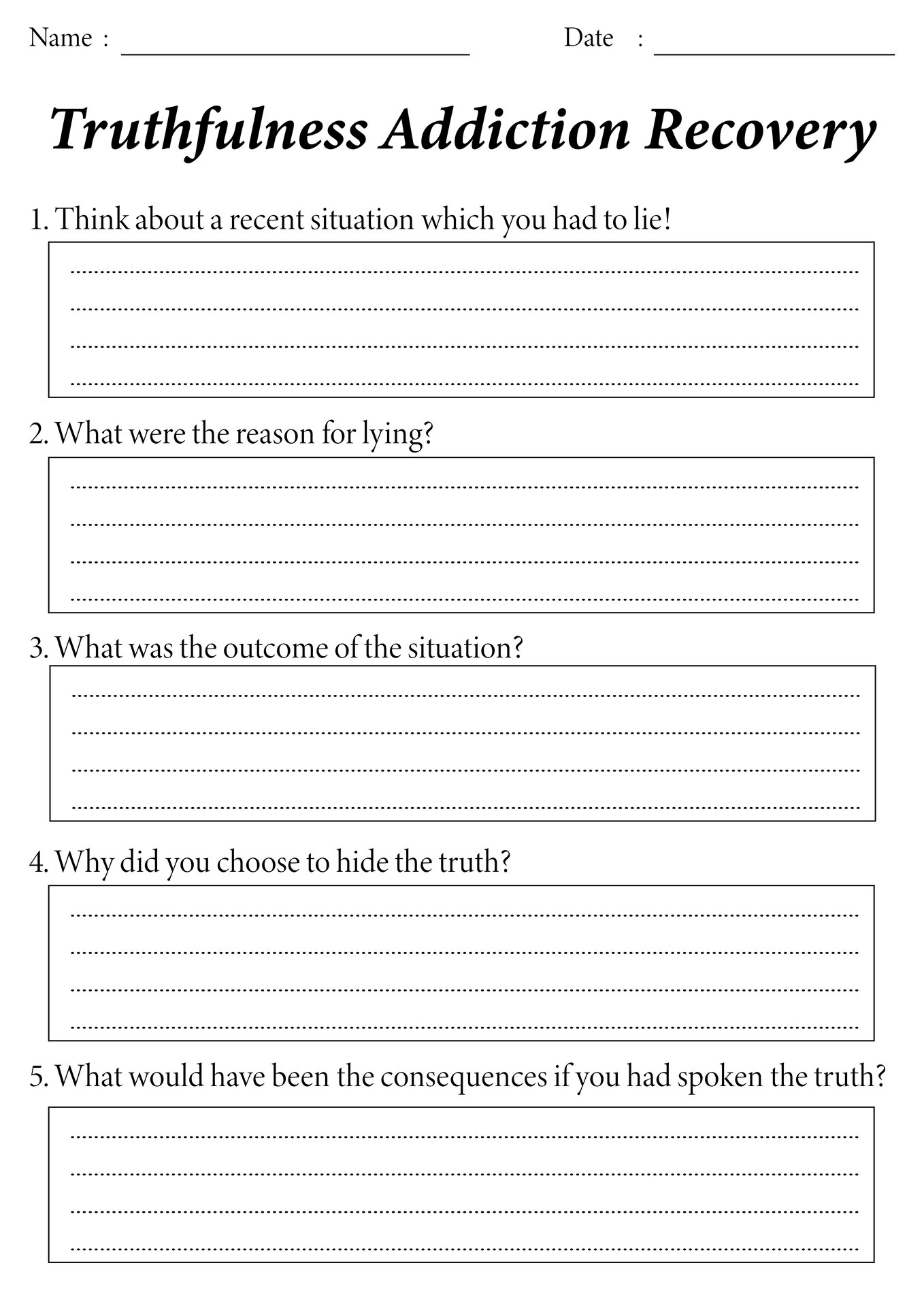 Truthfulness in Addiction Recovery Worksheets