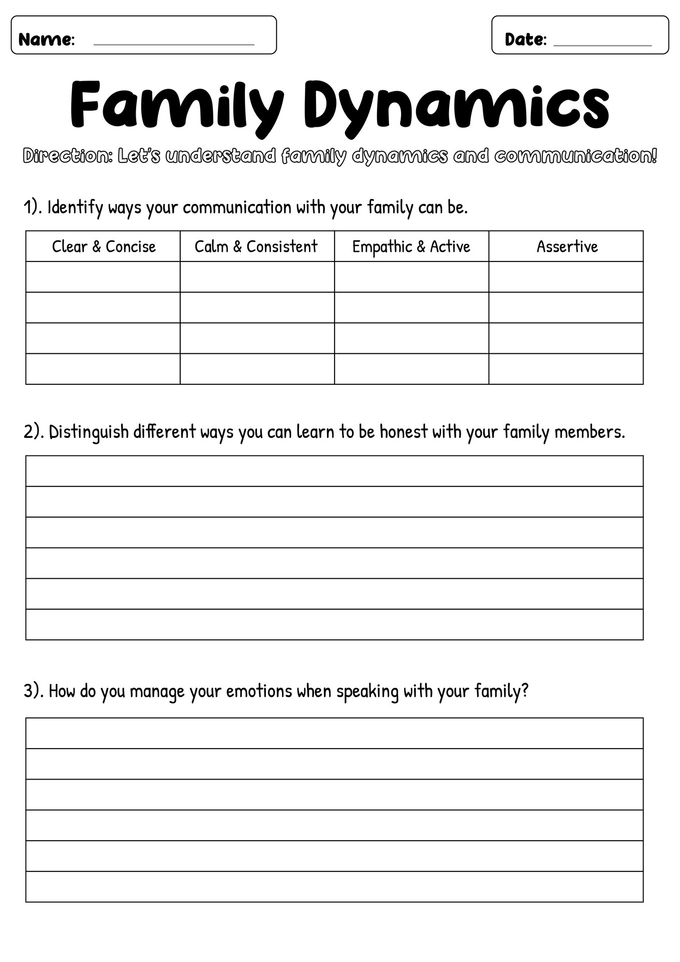 Understanding Family and Friends Dynamic Worksheets