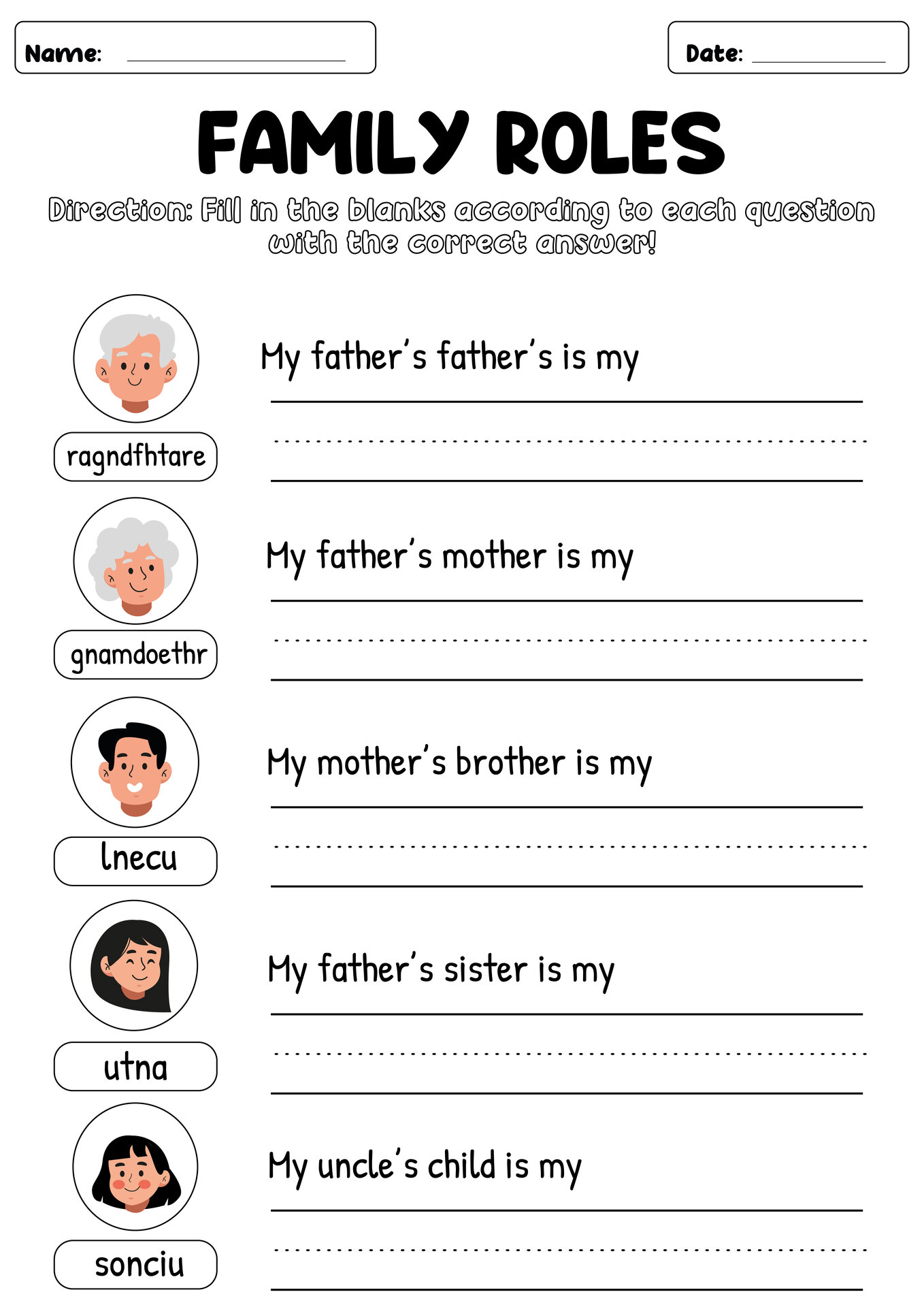 Worksheets on Family Members and Friendship Roles